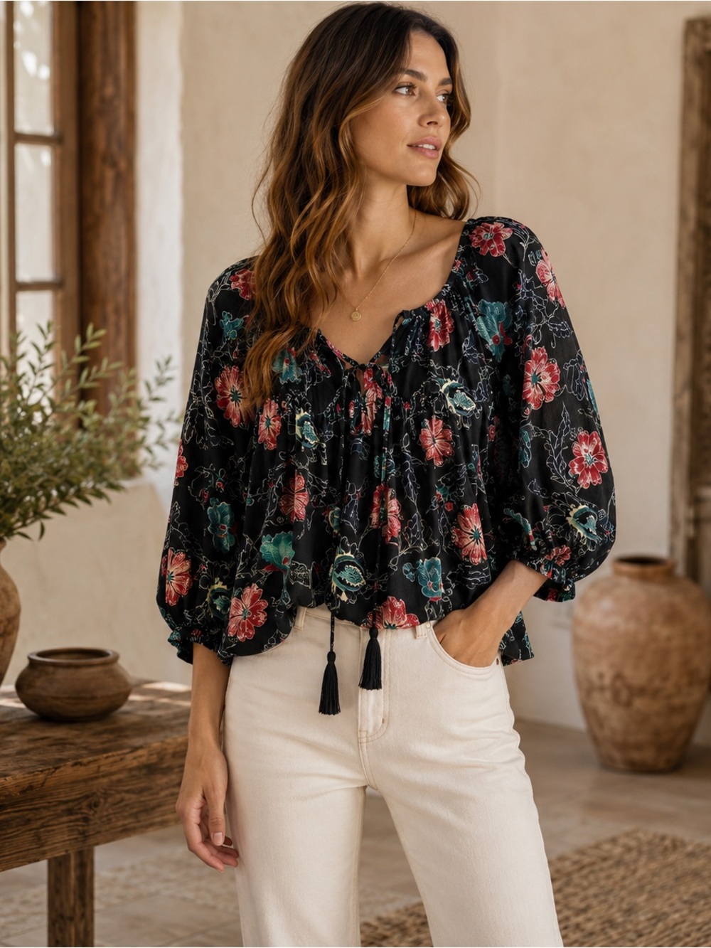 ASTR The Label Black Floral Puff Sleeve Peasant Blouse Medium Cottagecore